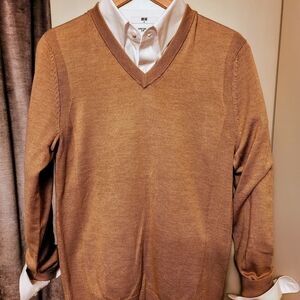 Men's Camel Merino Wool V-Neck Sweater